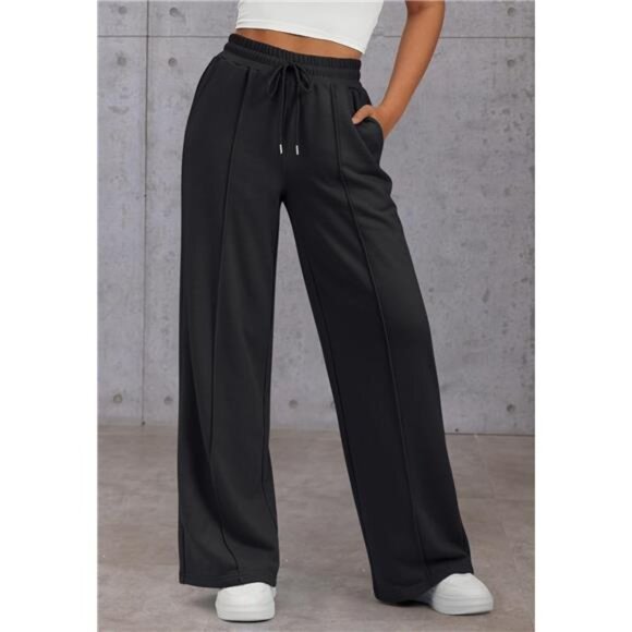 Womens Wide Leg Sweatpants High Waisted Black - Picture 3 of 6